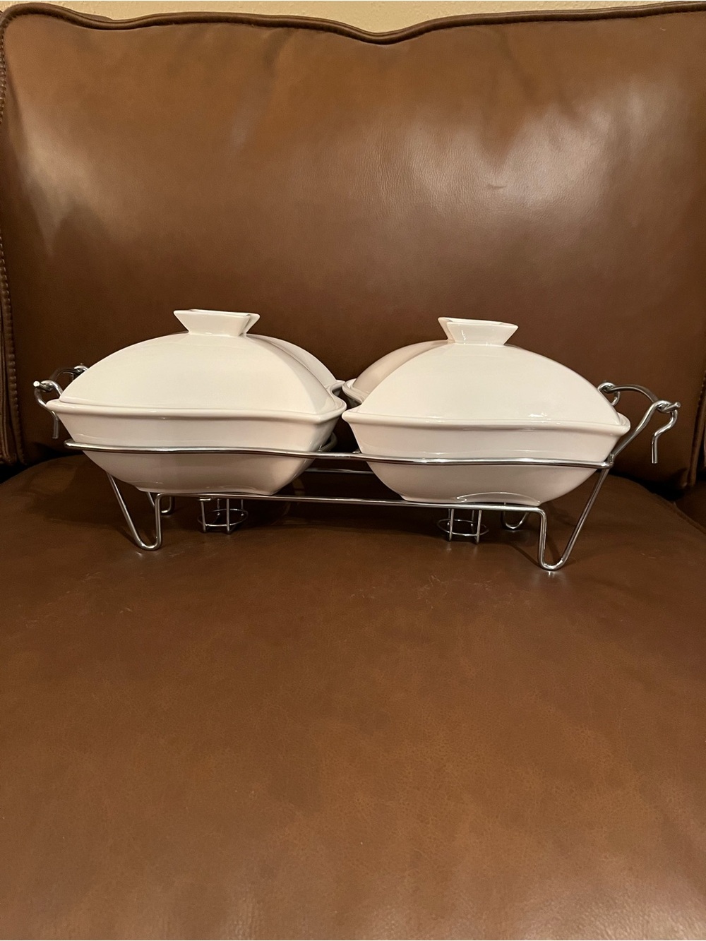 Vtg Goldinger Porcelain Double Warmer Chafing Dishes w/ Lids, Metal Stand Cream